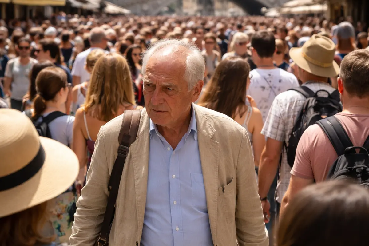 Cittadino anziano cammina con difficoltà in mezzo a folla di turisti