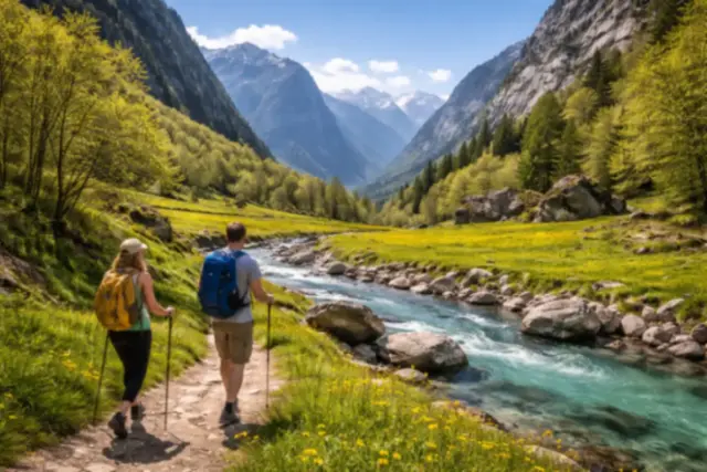 escursionisti che camminano nella Val di Mello tra prati alpini e torrente cristallino in Valtellina