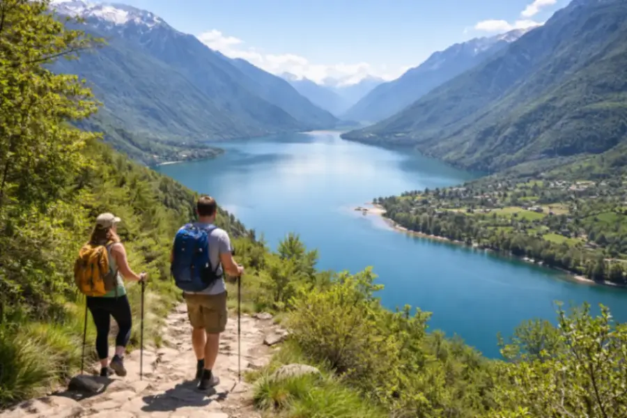 escursionisti sul sentiero panoramico sopra il Lago di Mezzola vicino Milano durante una camminata nella natura